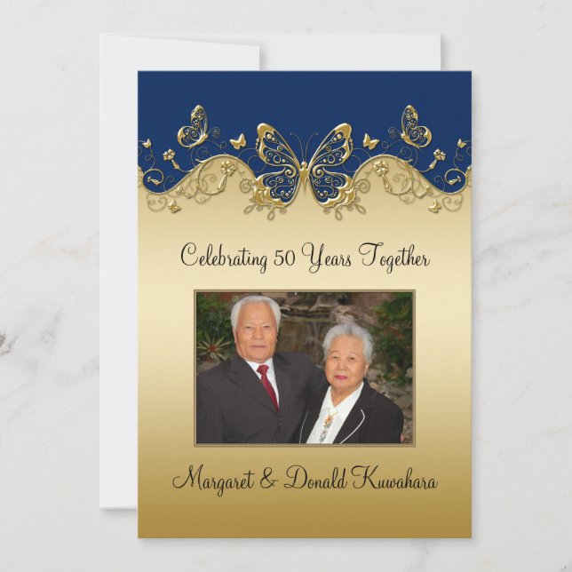 Årsdag för foto för marin- och guldfjärilar 50th inbjudningar (Framsida)