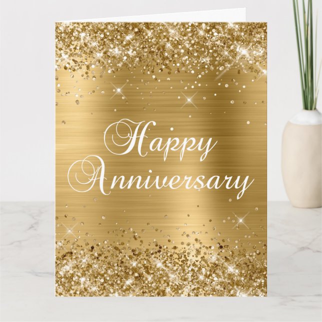 Årsdag för Lycklig i Glittery Guld Kort (Framsida)