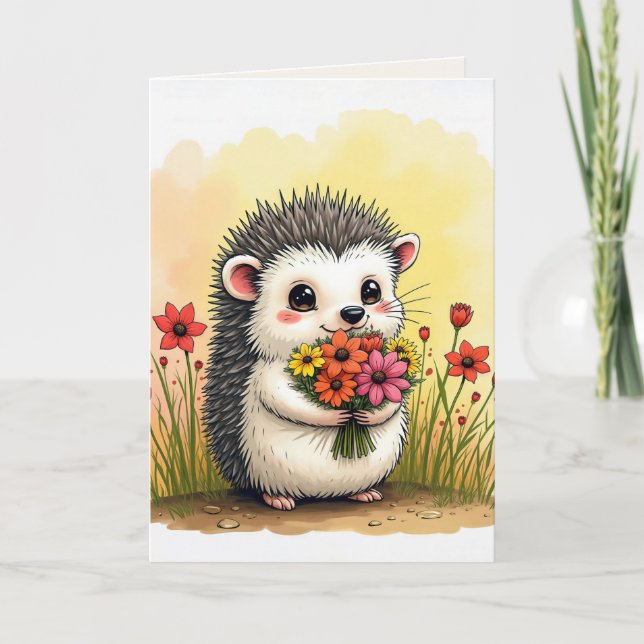 Årsdag Hedgehog med blommans Bouquet Kort (Framsida)