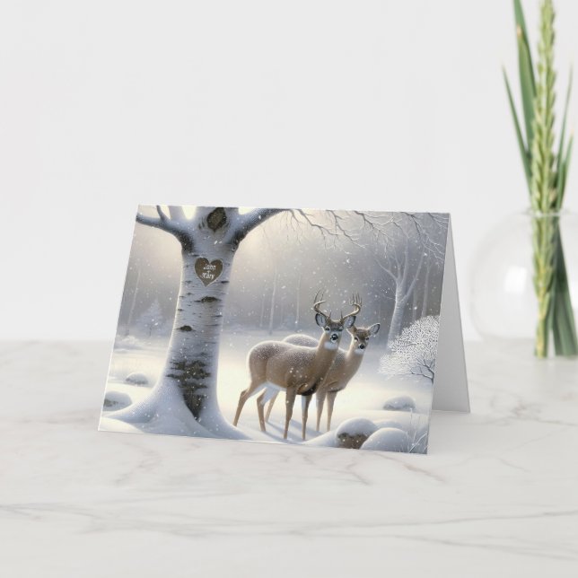 Årsdag Hjort med Birch Träd Heart och Namn Kort (Framsida)