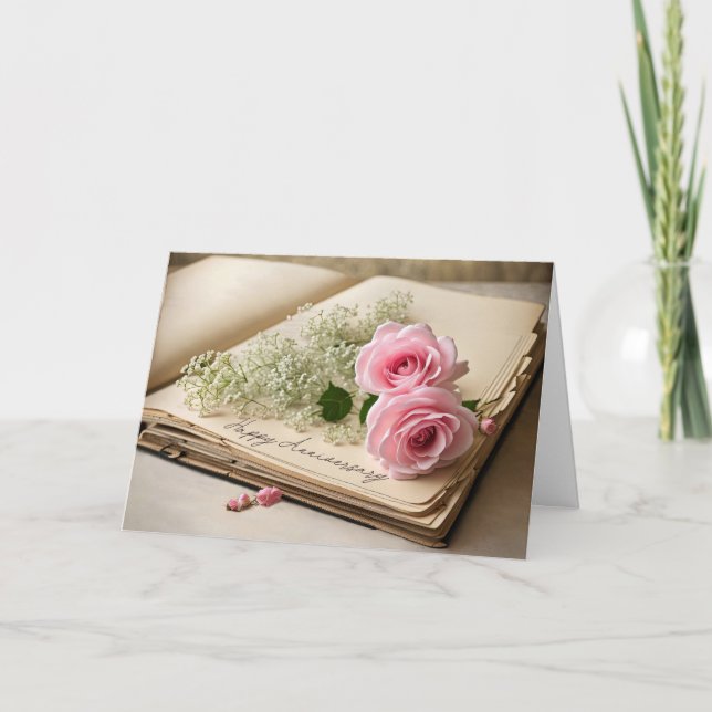 Årsdag Rosa ros på gammal skrapbok Kort (Framsida)