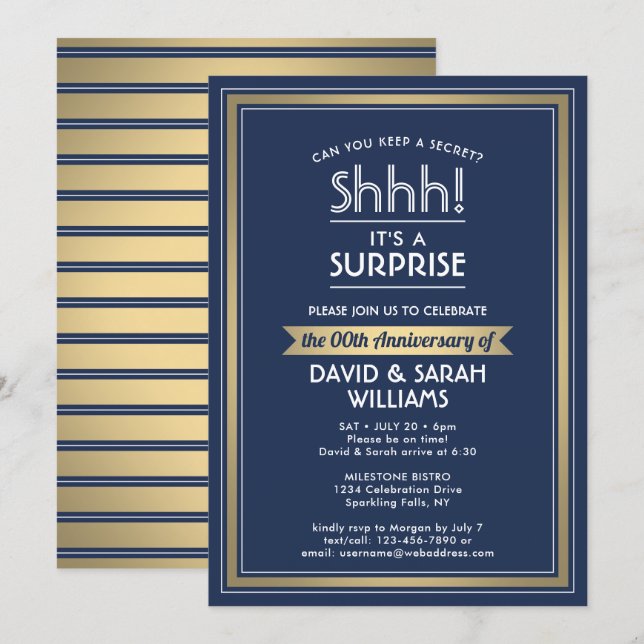 Årsdag Surprise Fest Navyblå, Vit & Guld Inbjudningar (Fram/baksida)
