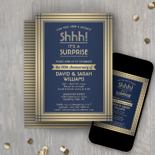 Årsdag Surprise Fest Shhh! Marinblå & Guld Inbjudningar