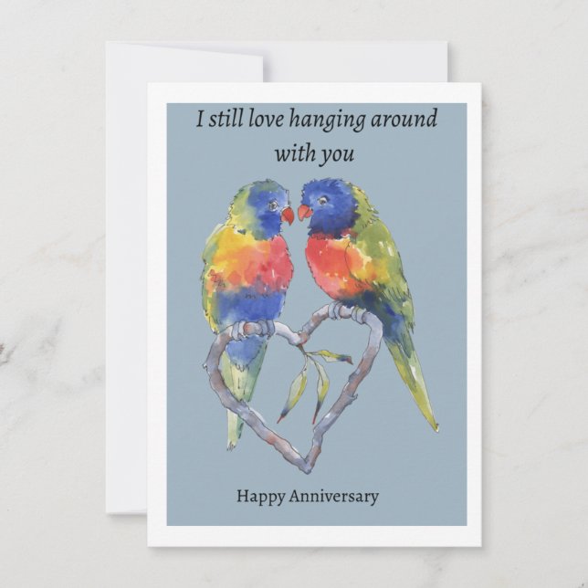 Årsdag, två love birds och ett hjärta. kort (Framsida)