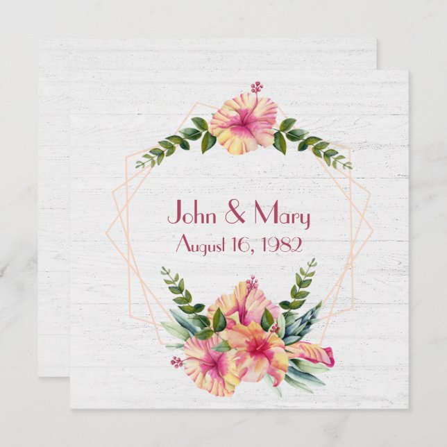 Årsdags Hibiskus Ram På Vittrad Trä Inbjudningar (Fram/baksida)