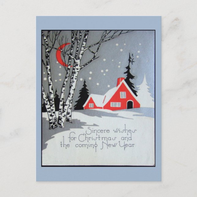 Årsjullkort med hus och måne helg vykort (Framsida)