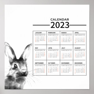 Årskalender för vattenfärgskanin Poster 2023