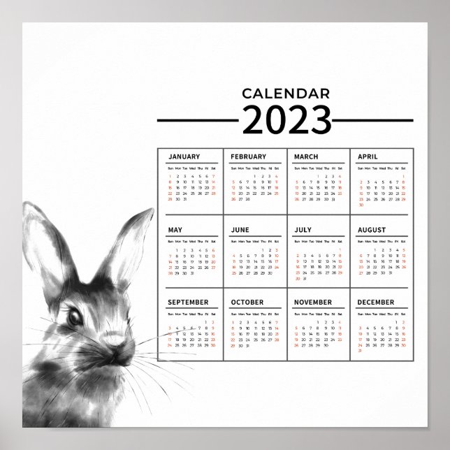 Årskalender för vattenfärgskanin Poster 2023 (Framsidan)
