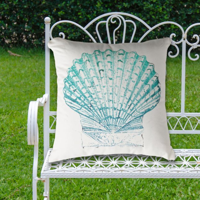 årskurs för sjöjungfru av chic av kustblått vatten kudde (coastal chic teal blue watercolor mermaid seashell outdoor pillow)