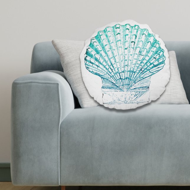 årskurs för sjöjungfru av chic av kustblått vatten rund kudde (coastal chic teal blue watercolor mermaid seashell round pillow)