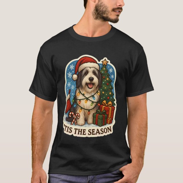 Årstiden Skäggig Collie Hund God Jul T Shirt (Framsida)