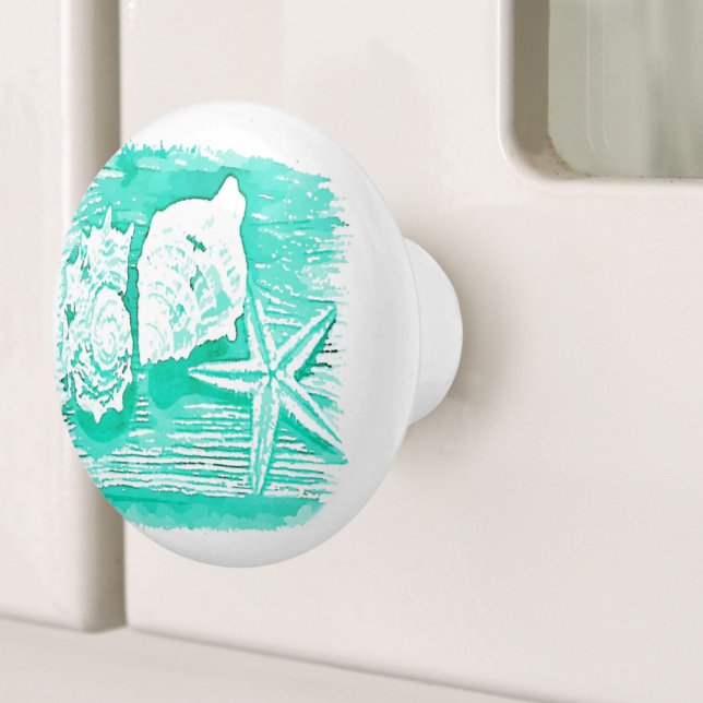 årstidsstjärtfenad havskräfta vid kuststranden knopp (coastal beach watercolor teal seashell starfish ceramic knob)
