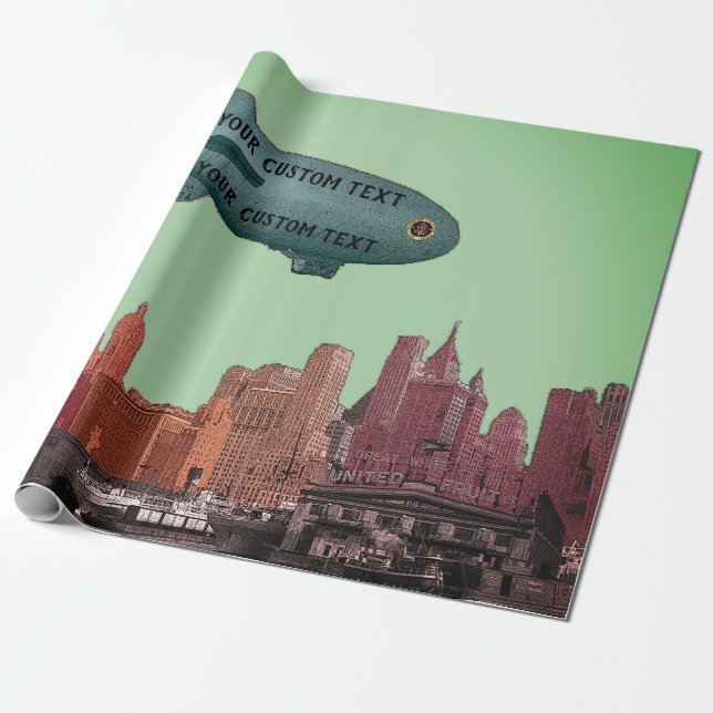ART 1930'S BLIMP NEW YORK CITY SKYLINE DIN TEXT PRESENTPAPPER (Utrullad)