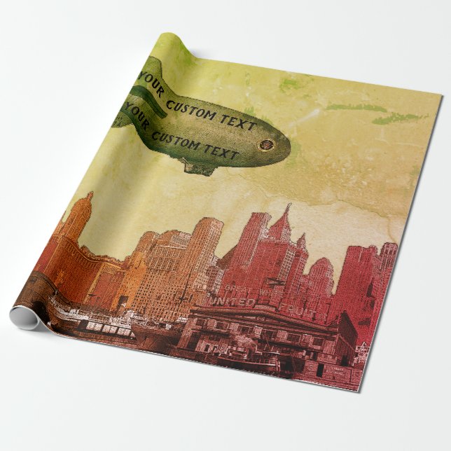 ART 1930'S BLIMP NEW YORK CITY SKYLINE DIN TEXT PRESENTPAPPER (Utrullad)