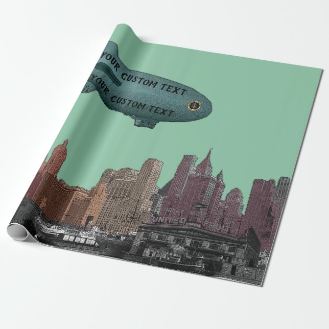 ART 1930'S BLIMP NEW YORK CITY SKYLINE DIN TEXT PRESENTPAPPER (Utrullad)