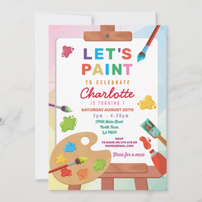 Art Birthday Painting Party Paint Crafts Girls Inbjudningar (Framsida)