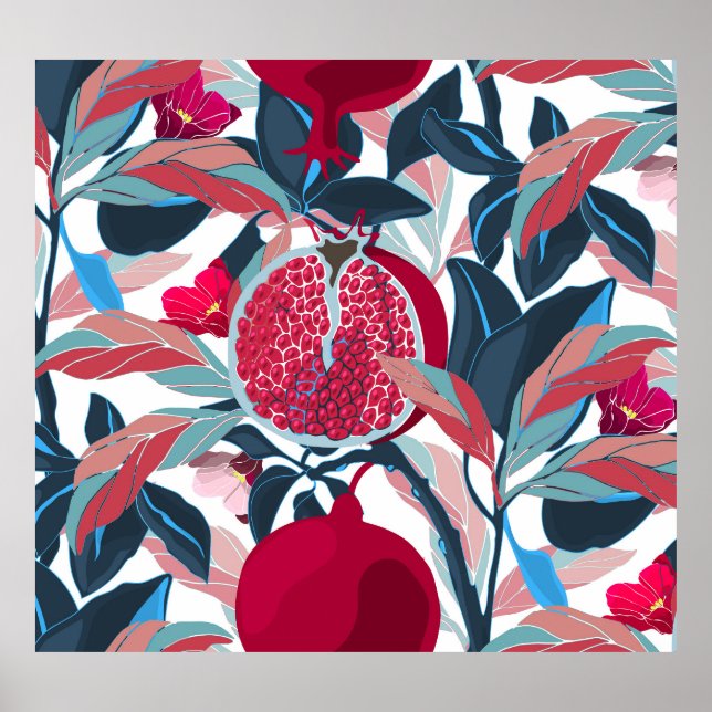 Art Blommigt Pomegranat Träd Mönster Poster (Framsidan)