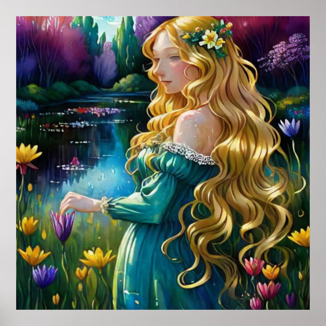 *~ Art Blonde Woman Flowers Woman Pond AP56 Poster (Framsidan)