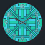 Art Deco 1920 s Geometric Teal Grönt Blue Mönster Stor Klocka<br><div class="desc">Den här vackra, ursprungliga klockdesignen görs i en geometrisk konst deco stil som påminner om det moderna 20-talet. De rektangulära formerna pekar inåt mot klockan händer. Färg görs i olika gröntar och blått, från teal till turkos till havs grönt. Klocknumren skrivs med en ljusskiss. Den här eleganten kommer att lägga...</div>