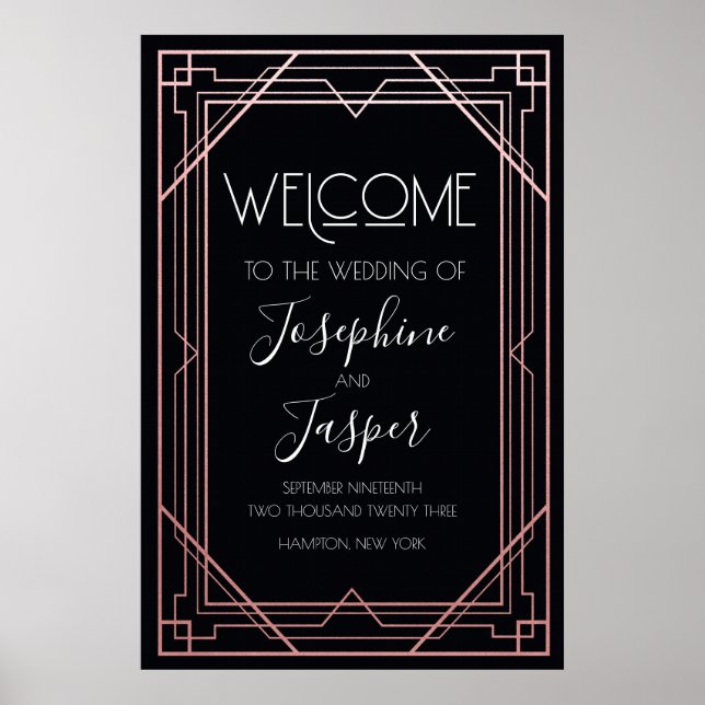 Art Deco 1920-tal Svart och Roséguld Välkomstskylt Poster (Framsidan)