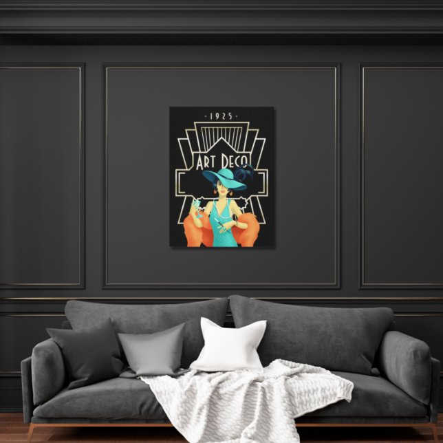 Art Deco 1920-talet Dam Cocktail Guld Ram Black Canvastryck (Skapare uppladdad)
