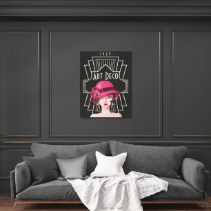 Art Deco 1920-talet Dam Hat Guld Ram Black Canvastryck