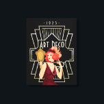 Art Deco 1920-talet Dam Spegel Ram Black Canvastryck<br><div class="desc">Vintage Art Deco elegance med detta glam 1920-tal Dam I en burgundisk klänning tittar i spegel och guld 20-talet stil ram och typografi Art Deco och 1925.</div>