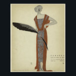 Art Deco 1920-talet Mode ~ Ro du Soir Poster<br><div class="desc">An Art Deco, Nouveau 1920-talet, mode teckning i ett dam i en guldbrun klänning med mönster i röd ros, av konstnären Eduardo Benito, Titled: "Ro du Soir" (Ro i natten). Ett vackert konstverk för ett modernt hem, kontor eller studio loft! Eduardo Benito (1891-1981), en symbol för Art Deco-eran, var en...</div>