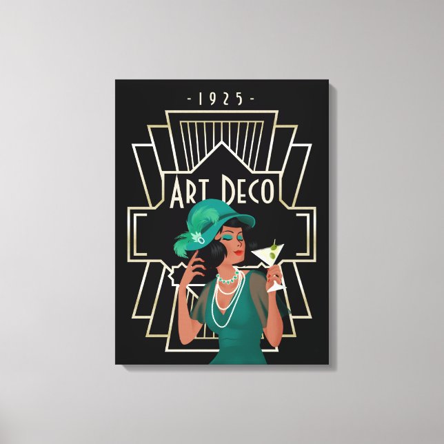 Art Deco 1920-talets Dam Grönt Dress Guld Ram Blac Canvastryck (Framsida)