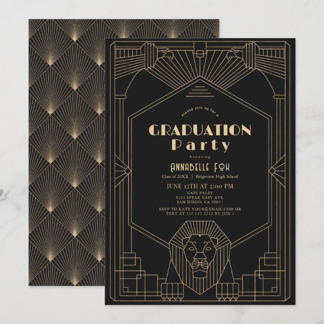Art Deco 1920-talets Gatsby Lejon Svart Examen Inbjudningar (Fram/baksida)