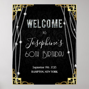 Art Deco 1920s Black and Guld Diamond Welcome Sign Poster