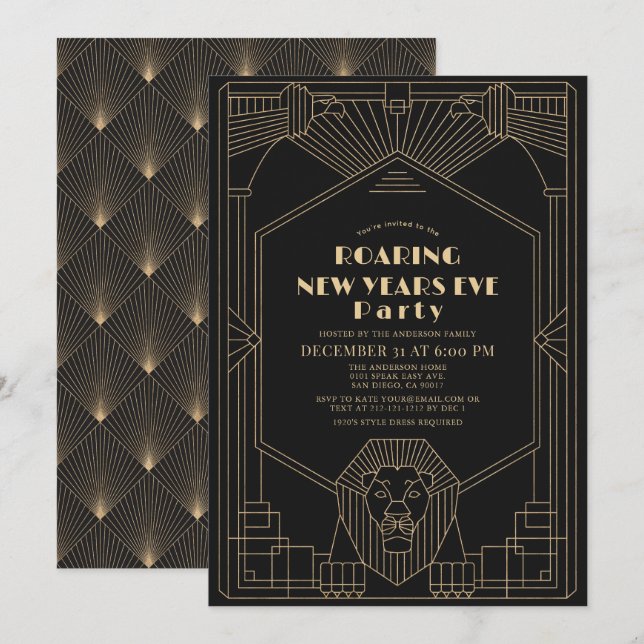 Art Deco 1920's Gatsby Lejon Nyårsafton Party Inbjudningar (Fram/baksida)