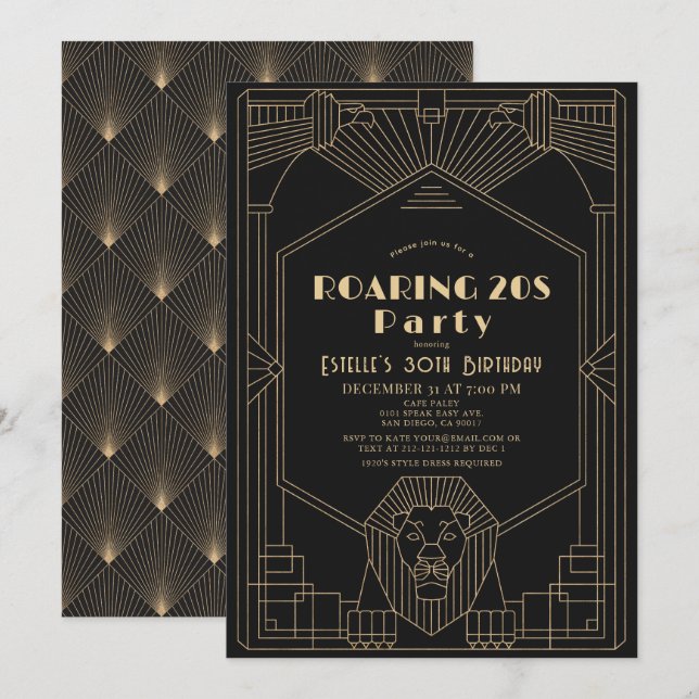 Art Deco 1920's Gatsby Lejon Roaring 20s Birthday Inbjudningar (Fram/baksida)