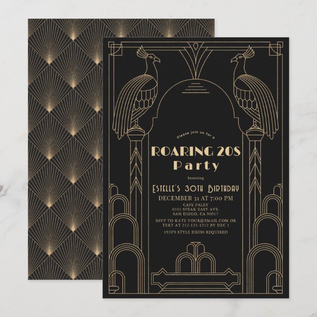 Art Deco 1920's Peacock Roaring 20's Birthday Inbjudningar (Fram/baksida)