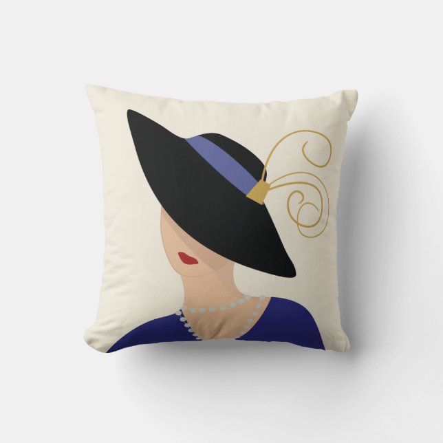 Art Deco 1930-talets Mode Plate Woman i Black Hat Kudde (Framsida)