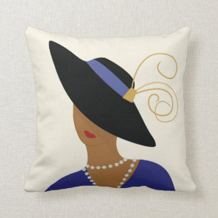 Art Deco 1930-talets Mode Plate Woman i Black Hat Kudde