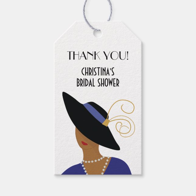 Art Deco 1930-tals Kvinna i svart hatt Bröllopsfes Presentetikett (Framsidan)
