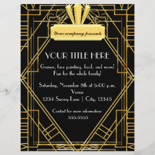Art Deco 20-tal Svart Guld Glamour Eventaffisch Reklamblad