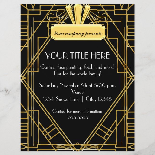 Art Deco 20-tals svart guld glamour händelse flygb Reklamblad (Framsidan)