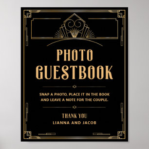 Art Deco 20s Black Guld Bröllop Photo Guestbook Poster