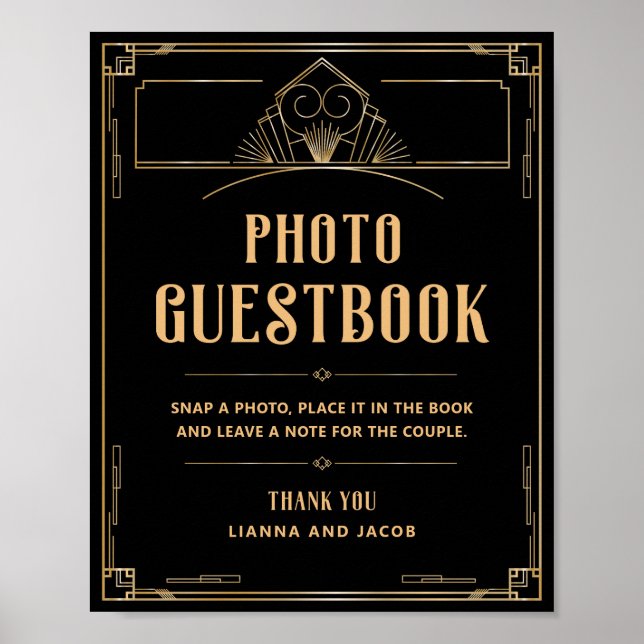 Art Deco 20s Black Guld Bröllop Photo Guestbook Poster (Framsidan)