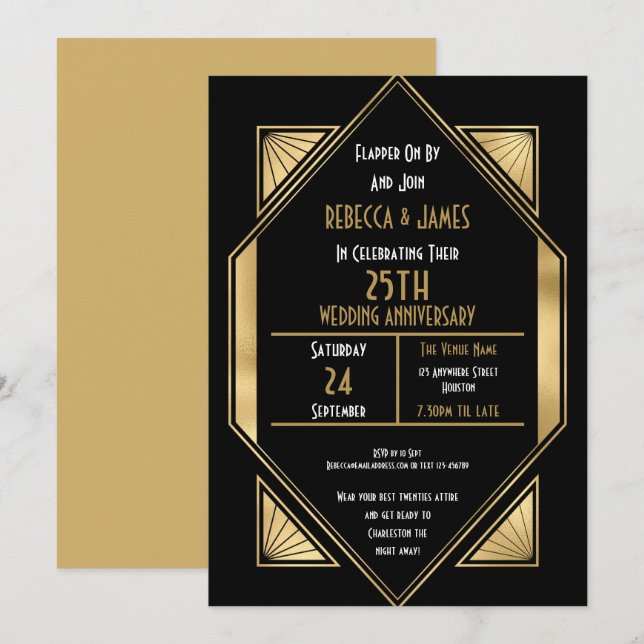 Art Deco 25 år Silverbröllop Inbjudningar (Fram/baksida)