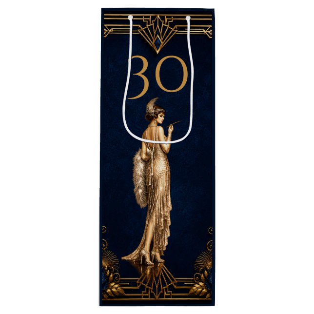 Art Deco 30-tals flapperflicka blå guld Gatsby vin (Framsidan)