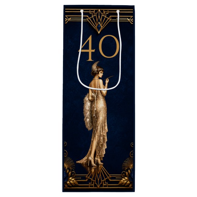 Art Deco 40-års flapper tjej blå guld Gatsby vin (Framsidan)