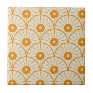 Art Deco Abstrakt Orange Sol på Vit Kakelplatta