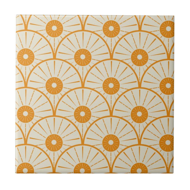 Art Deco Abstrakt Orange Sol på Vit  Kakelplatta (Framsidan)