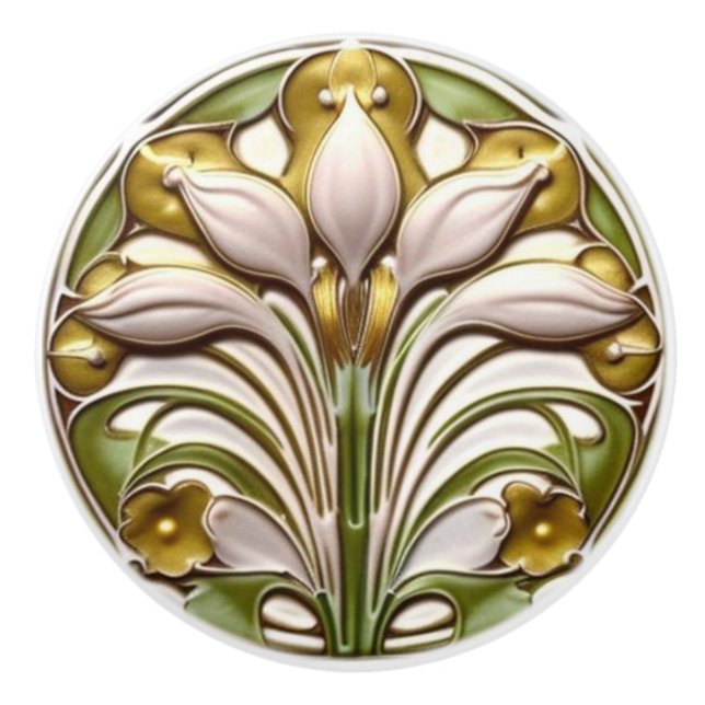 Art Deco Abstrakt Vit Guld Blomma Knopp (Framsidan)