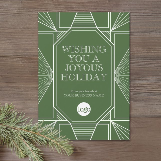Art Deco Affärs julhälsning Sage Green Julkort (Office Holiday Card - Art Deco Design with your logo)