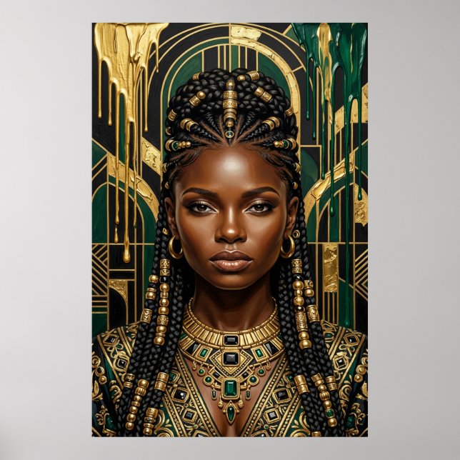 Art Deco Afrofuturism Smaragd Guld Svarta Drottnin Poster (Framsidan)