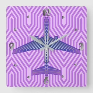 Art Deco Airplane, Violet Purple and Silver Gray Fyrkantig Klocka